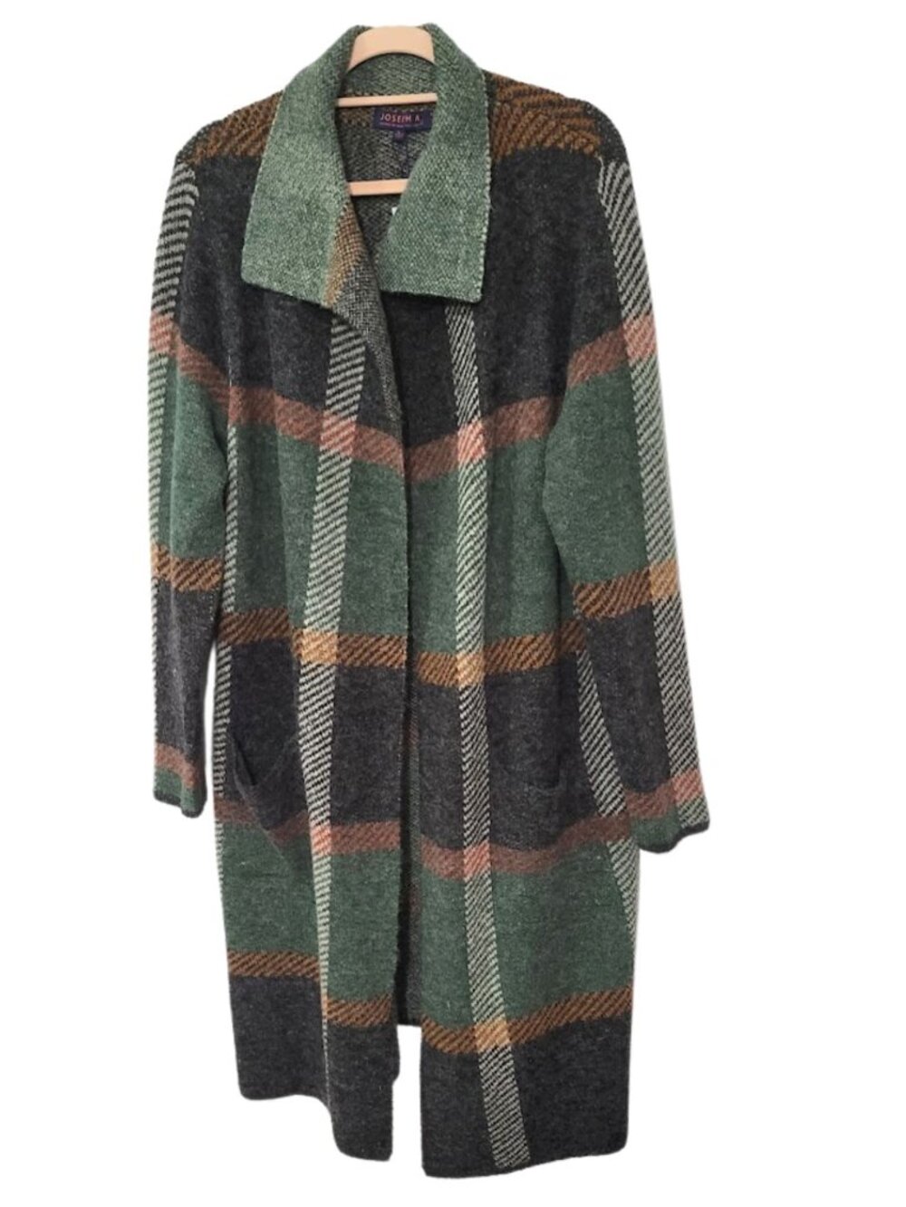 JOSEPH A NWT Green Gray & Orange Plaid Long Coatigan Sweater - Women's L